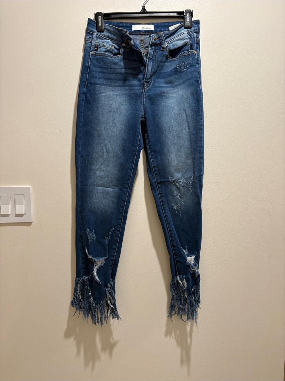 KanCan Distressed Mid Blue Cropped Fringe Hem Jeans